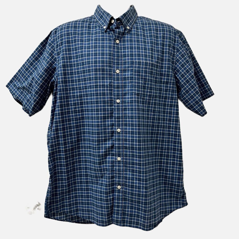 LL Bean Traditional Fit Blue Plaid Short Sleeve Shirt Size Large
